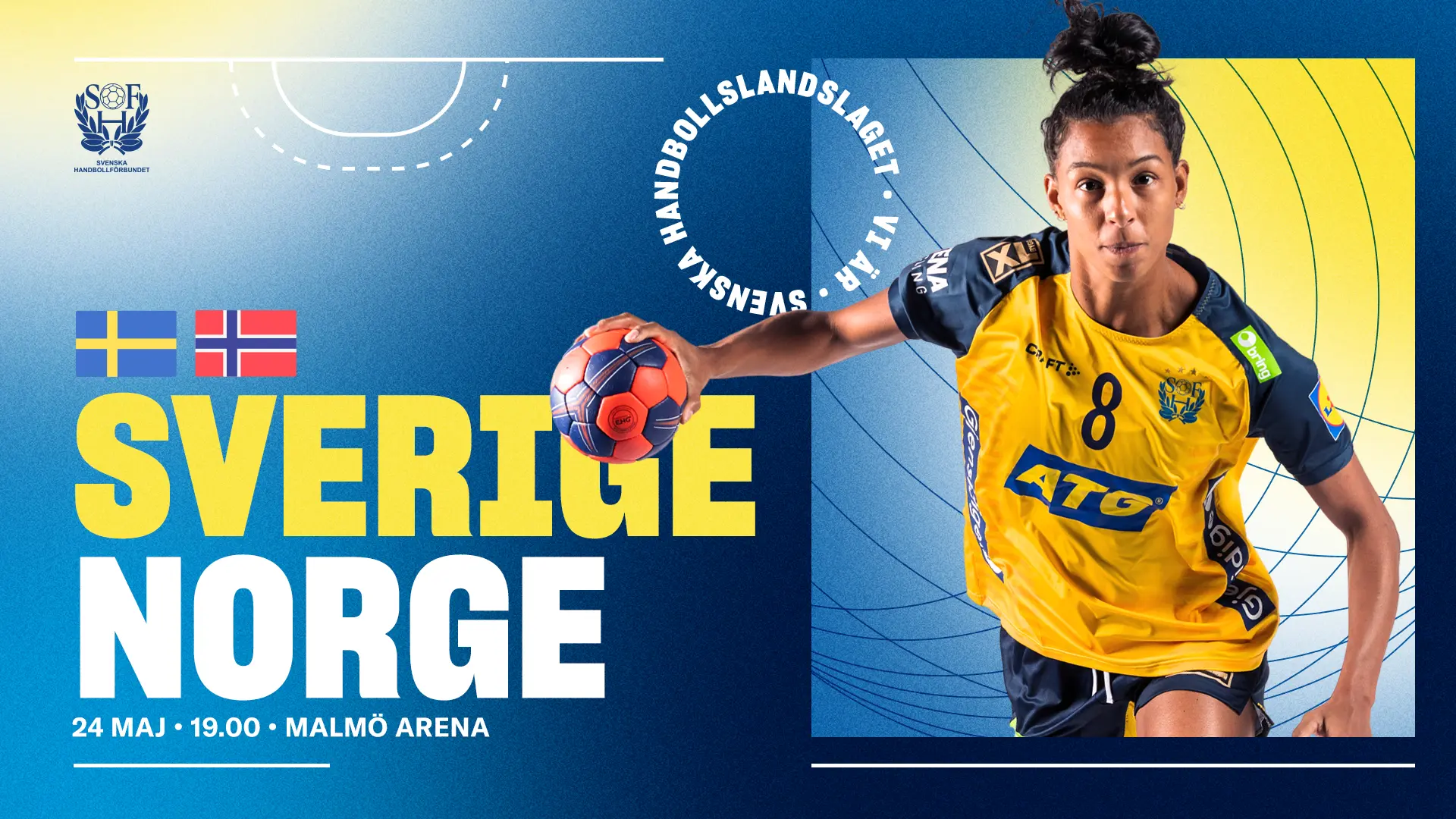 Sverige–Norge handball match graphic with a Swedish national team player