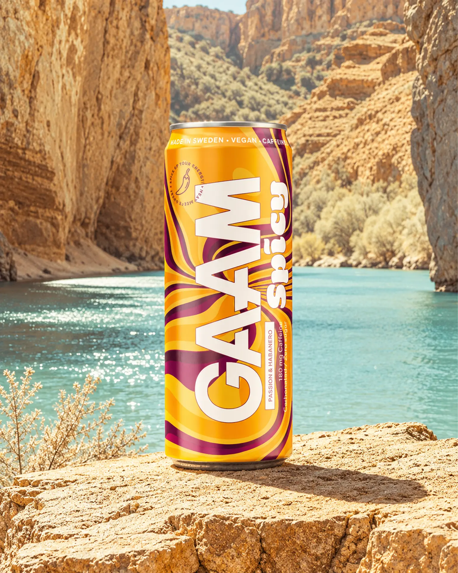 GAAM Spicy energy drink can in a canyon